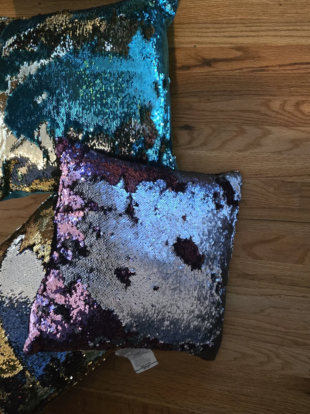 Set of 3 Reversible Mermaid Sequin Throw Pillows Blue Gold Pink Silver.